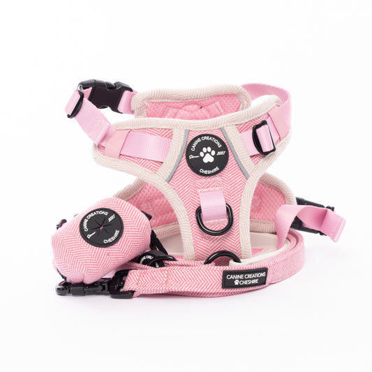 Harness, Lead & Poo Bag Bundle - Pink Herringbone